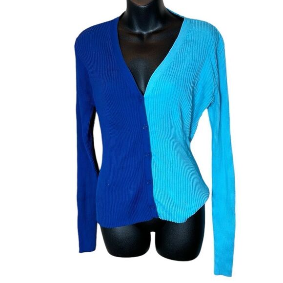 Staud wo cargo colorblock cardigan blues button front ribbed large FLAW - Picture 1 of 6